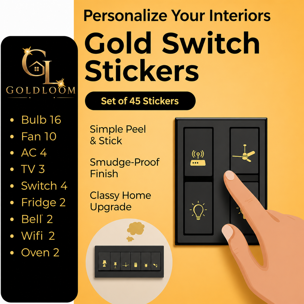 Goldloom Black & Gold Switch Stickers Set Of 100